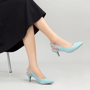 Women’s Slingback Dress Pumps, Light Blue, Faux suede, Low Kitten heel